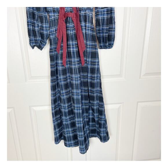 Damson Madder Dakota Blue Plaid Bow Tie Puff Sleeve Midi Dress Sz 6UK / 2 US - Picture 4 of 11
